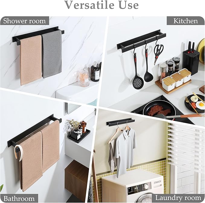 Alise Bathroom Towel Bar, 16 Inch Matte Black Towel Racks for Bathroom and Lavatory, SUS304 Stainless Steel Hand Towel Holder Towel Rail,Wall Mount with Self-Adhesive or Screw-in,GJZ5040-B