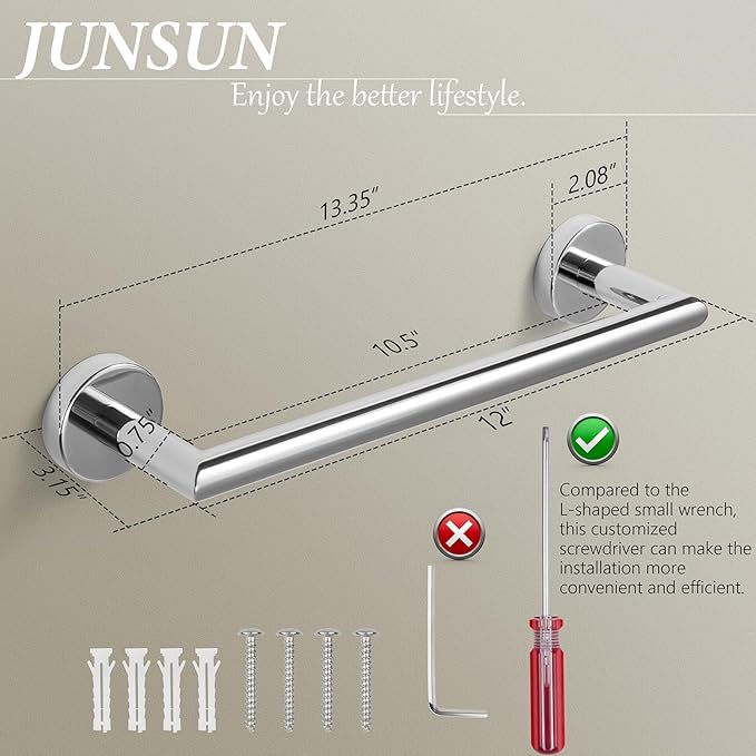 JunSun Bathroom Towel Bar 12 Inch Polished Chrome Towel Racks Wall Mount Bath Hand Towel Holder Modern Home Decor Towel Rod Bathroom Hardware Stainless Steel Towel Hangers Towel Rail Single Towel Bars