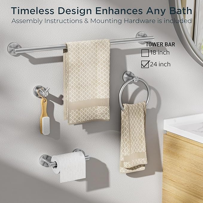 FORIOUS Bathroom Hardware Accessories Set, SUS304 Stainless Steel Towel Bar Set, Modern Towel Racks Holder for Bathroom, Toilet Paper Holder Wall Mounted 4 Pieces(24" Bar, Brushed Nickel)