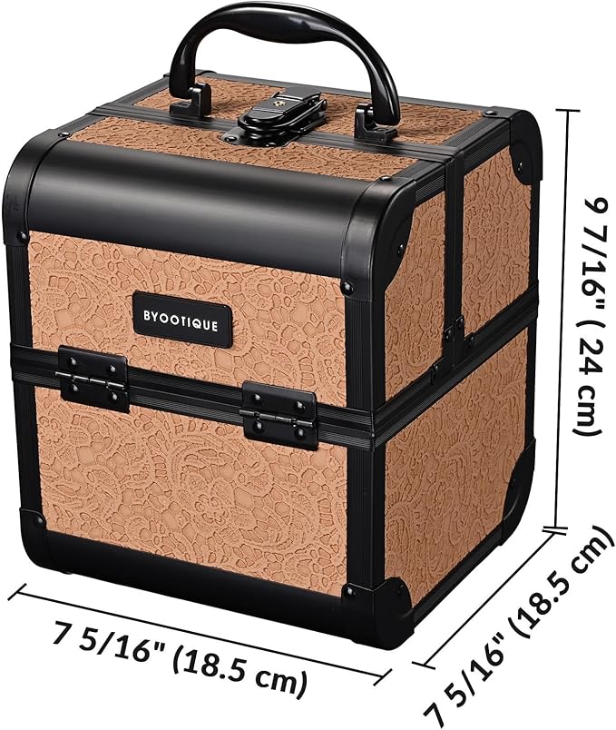 BYOOTIQUE Travel Makeup Bag Small Lockable Cosmetic Organizer with Mirror 2-Tier Trays Hairdressing Case Lash Storage Box for Manicurist Nail Tech Travel Beauty Salon Hairstylist,Rococo Coral