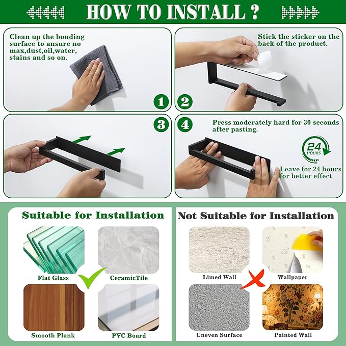 Alise Hand Towel Holder Self Adhesive Towel Bar for Bathroom Wall Mounted,Bathroom Towel Rack Without Screws SUS304 Stainless Steel Hand Towel Hanger for Bathroom,Kitchen,Cabinet,Matte Black