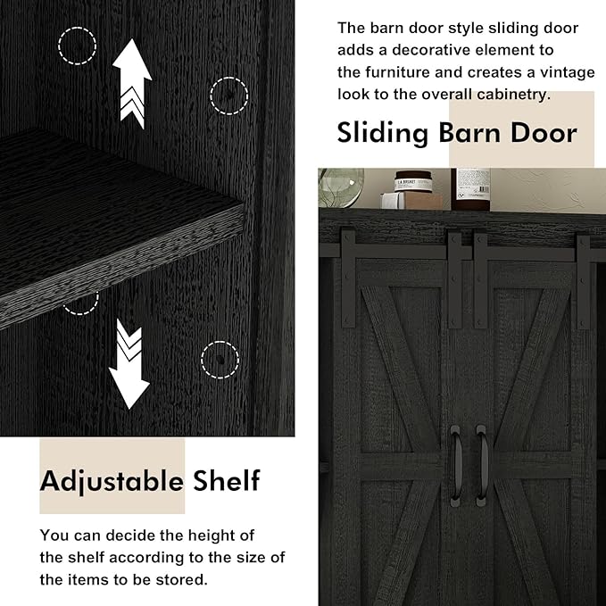 RUSTOWN Rustic Wood Wall Storage Cabinet with Two Sliding Barn Door, 3-Tier Decorative Farmhouse Vintage Cabinet for Kitchen Dining, Bathroom, Living Room,Black