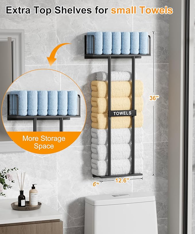 KIMBORA Towel Racks for Bathroom with Top Towel Shelf Hold 8 Large Rolled Towels, 36" Wall Mounted Bathroom Towel Storage Organizer for Small Bathroom, Camper, Rv (Black)