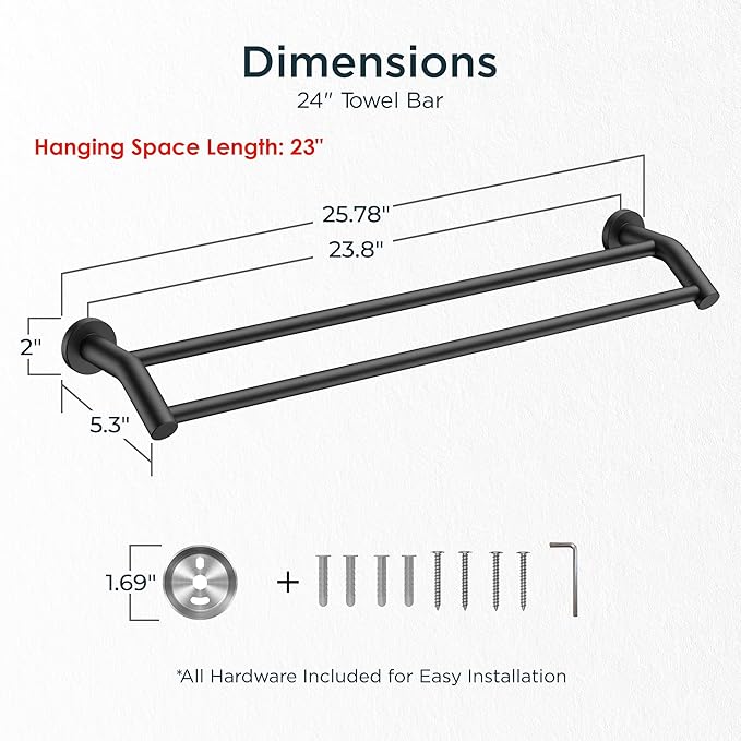 FORIOUS Double Towel Bar 24 Inch, Heavy Duty SUS304 Stainless Steel Dual Towel Racks for Bathroom Wall Mount, Space Saving Towel Rod Towel Holder Rail, Matte Black