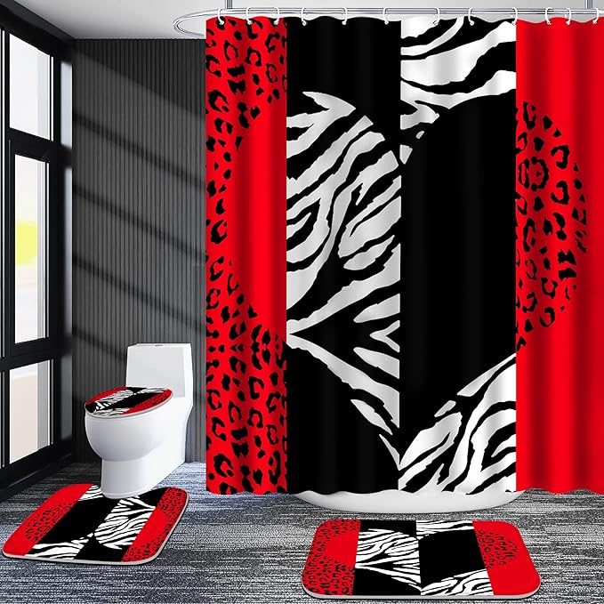 Poedist 4 Pcs Bathroom Curtain Set, Red Leopard Print Shower Curtains with Bright Style, Rugs (Bath Mat, U Shape, Toilet Lid Cover Mat) and 12 Hooks