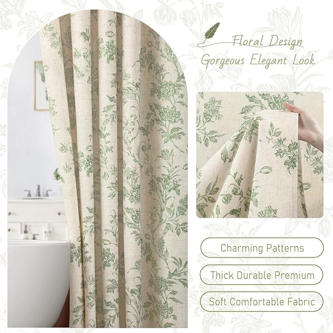 Sage Green Floral Shower Curtain,Vintage Linen Beige Cottagecore Shower Curtains for Bathroom, 72" W x 72" L