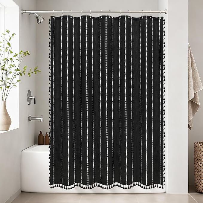 72 x 76 inch Extra Long Boho Chic Shower Curtain Heavyweight with Tassels, Soft Linen Textured Fabric Farmhouse Shower Curtain, Elegant Black and White Striped Bathroom Curtain Water Repellent