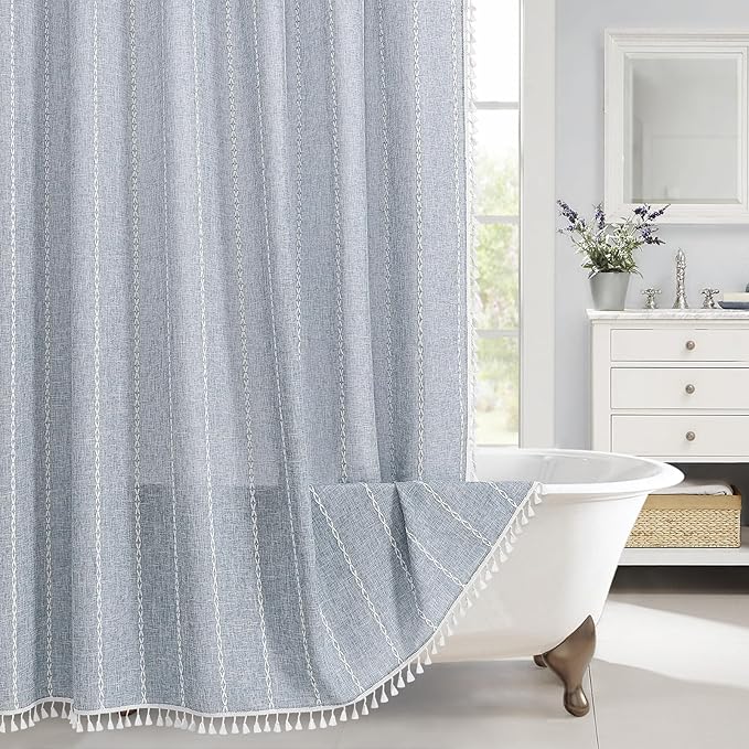 MitoVilla Boho Extra Long Shower Curtain 72 x 84, Blue 84 inch XL Polyester Linen Tassel Fabric Shower Curtain Set with Hooks for Vintage Country Farmhouse Bathroom Decor, Thick & Wrinkle Resistant