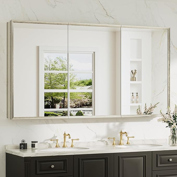 TokeShimi 60 x 32 Brushed Nickel Recessed Medicine Cabinet with Mirror, Assembly Required, Bathroom Medicine Cabinet with Mirror, Stepless Adjustable Shelves, Beveled Aluminum Frame, DTC Hinge