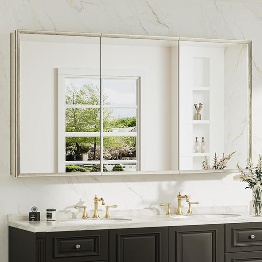 TokeShimi 60 x 32 Brushed Nickel Recessed Medicine Cabinet with Mirror, Assembly Required, Bathroom Medicine Cabinet with Mirror, Stepless Adjustable Shelves, Beveled Aluminum Frame, DTC Hinge
