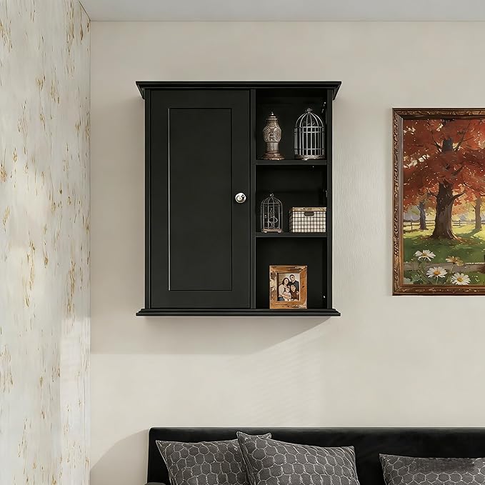 The Wide Usage Wall Medicine Cabinet with Storage Shelves & Anti-Dust Door for Bathroom, Living Room, Kitchen, Entryway,Bedroom (Black)