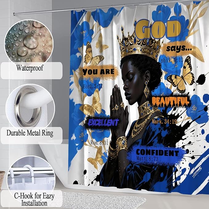 4 PCS Black Queen Shower Curtain Set with Waterproof Shower Curtain, Non-Slip Bath Mat, Rug, Toilet Lid Cover, Inspirational Quote Afrcia American Blue Flower Black Woman Halloween Bathroom Decor Set