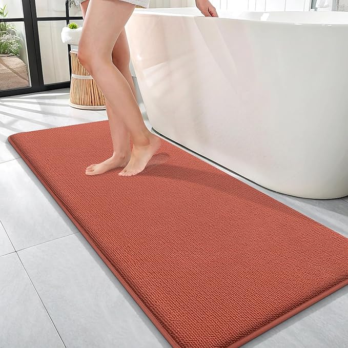 OLANLY Thick Memory Foam Bath Mat Rug 47x17, Extra Soft Absorbent Bathroom Rug, Quick Dry Bath Mats, Non-Slip, Machine Washable Carpet, Tub and Shower, Home Decor Accessories, Rustic Terracotta