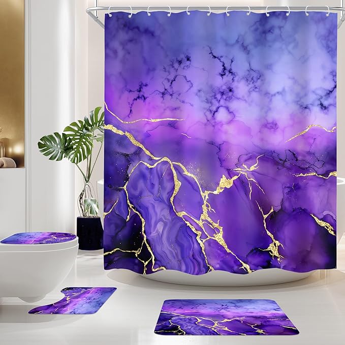 Cinbloo 4Pcs Dark Purple Marble Shower Curtain Set, Abstract Lilac Gold Cracked Lines Modern Simple Bathroom Curtain with Rug, Toilet Lid Cover, Bath Mat, Luxury Aesthetic Shower Curtain with 12 Hooks
