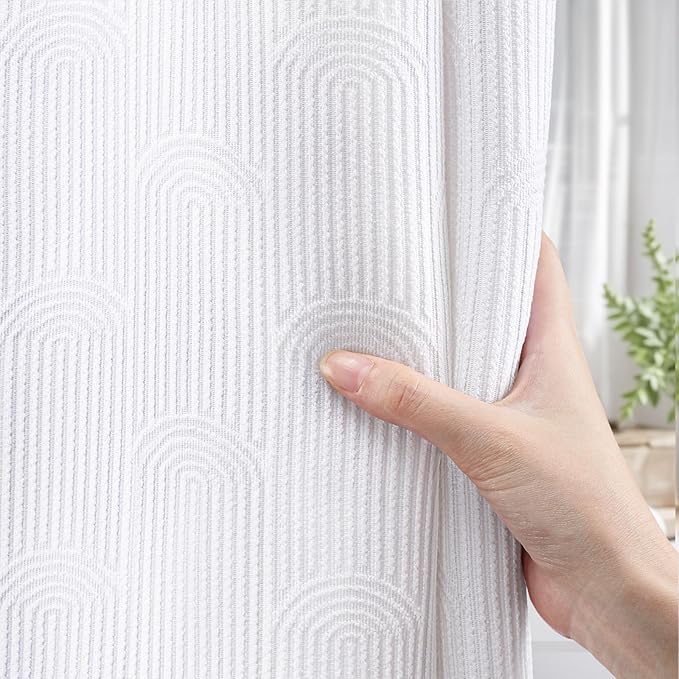 White Shower Curtain Boho Cotton Texture Mid Century Minimalist Arch Shower Curtain for Bathroom,72" W X 72" L