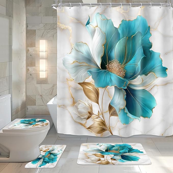 Riyidecor Teal Gold Marble Floral 4Pcs Bathroom Shower Curtain Sets Modern Flower Abstract Bathroom Decor Set with Rugs and Accessories Minimalist Toilet Lid Rug, Contour and Bath Mat with 12 Hooks