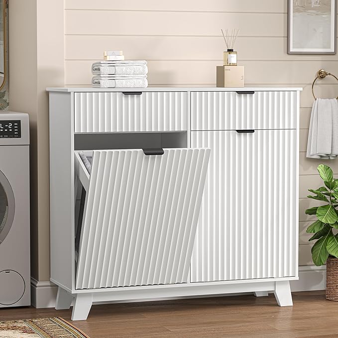 Wodeer Double Tilt Out Laundry Hamper Cabinet with 2 Drawers & Baskets, 20 Gallon Fluted Hidden Trash Can Cabinet, Farmhouse Wood Laundry Storage Cabinets for Bathroom, Kitchen, White