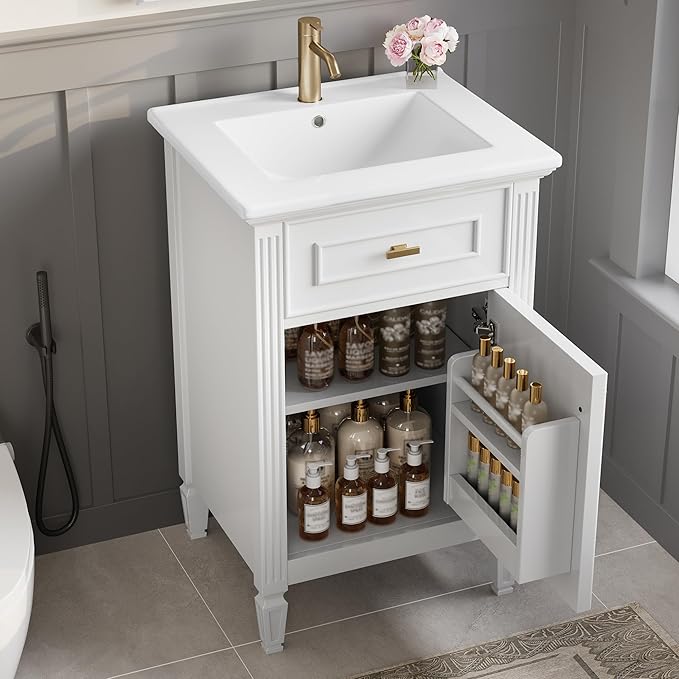 Virubi 20 in Small Bathroom Vanity with Sink,Soft Closing Door,Tilt-Out Drawer and Adjustable Shelf,Solid Wood Modern Single Bathroom Sink Cabinet,Freestanding (White)