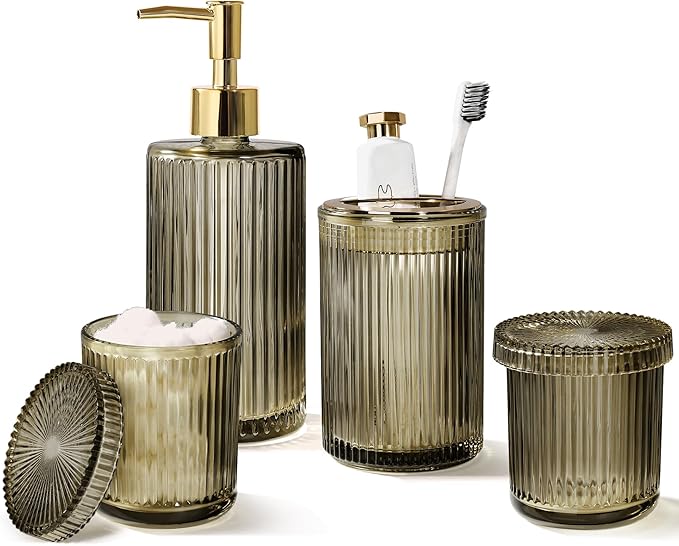KASUNTING Brown Glass Bathroom Accessories 4 Pcs, Brown Bathroom Set, Soap Dispenser and Toothbrush Holder Set, Qtip Holder Set, Vintage Bathroom Sink Set, Modern Bathroom Decor