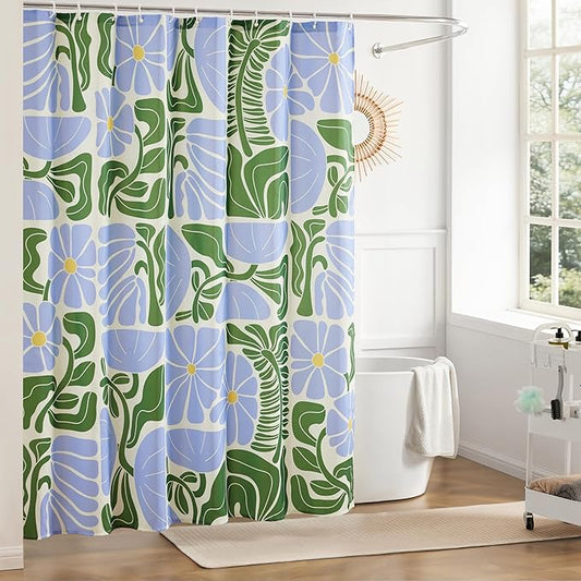 Mid Century Modern Abstract Geometric Colorful Boho Shower Curtains for Bathroom, Cute Blue and Green Floral Retro Bathroom Shower Curtain, Waterproof Vintage Bath Curtain 72''x72''