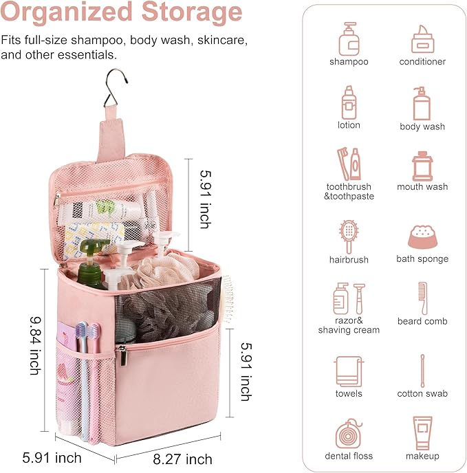 Mesh Shower Caddy Hanging Portable, Bathroom Caddy Organizer for College Dorm Essentials, Shower Tote Bag with Built-in Hook for Beach, Swimming, Gym camping (Pink)