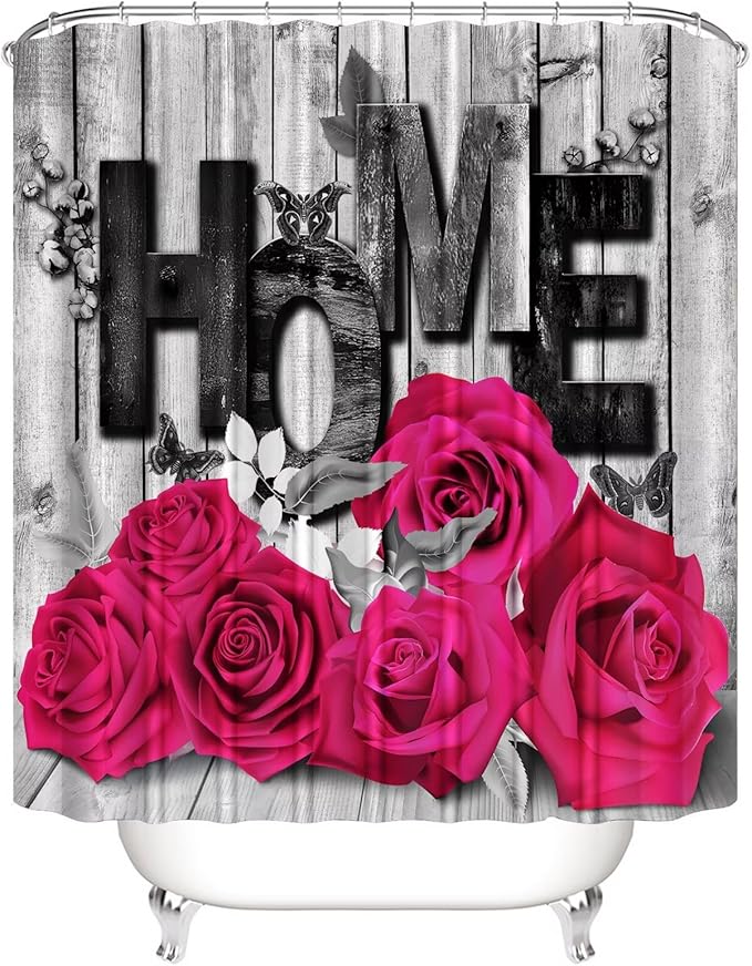 Yddsky Pink Rose Valentines 4 Pcs Shower Curtain Sets Non-Slip Rugs Bath Mat Toilet Cover U Shaped Mat Romantic Pink Bathroom Decor with 12 Hooks Valentines Day Bathroom Set