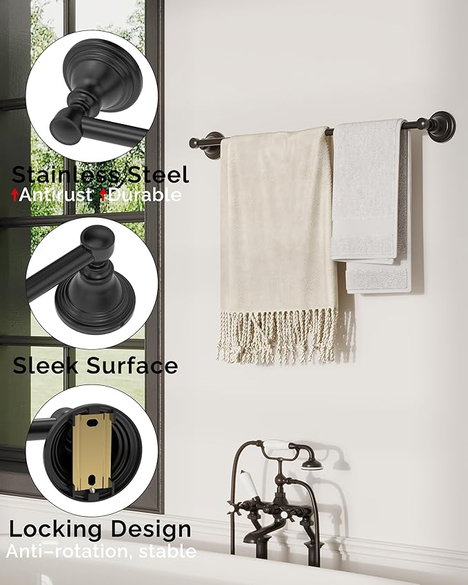 Towel Bar 24inch, Stainless Steel Bathroom Towel Rack Wall Mounted, Heavy Duty Towel Rod, Towel Holders for Bathroom, Kitchen (Matte Black)
