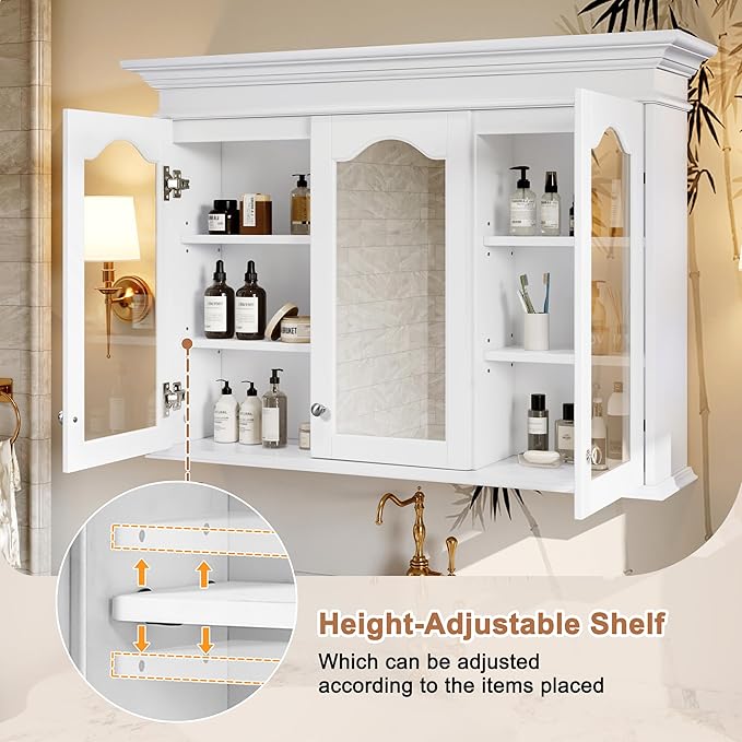 Merax Wall Mounted Bathroom Medicine Cabinet with Mirror, 40" x 28" Bathroom Wall Cabinet with Storage, Glass Doors and Adjustable Shelves, Mirrored Door Over The Toilet Storage Cabinet