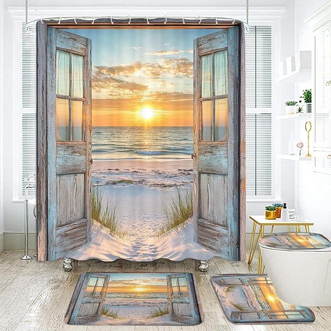 4 Pcs Beach Coastal Shower Curtain Set, Ocean Barn Door Nautical Sunrise Seaside Wave Bathroom Rug Sets, Rustic Wood Teal Turquoise Shower Curtain and Non-Slip Rugs Toilet Lid Cover Bath Mat Decor