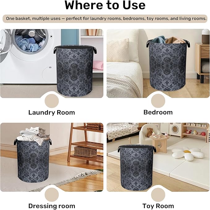 Black Damask Flower Laundry Basket - Large Laundry Hamper with Handles, Space Saving Foldable Design for Nursery