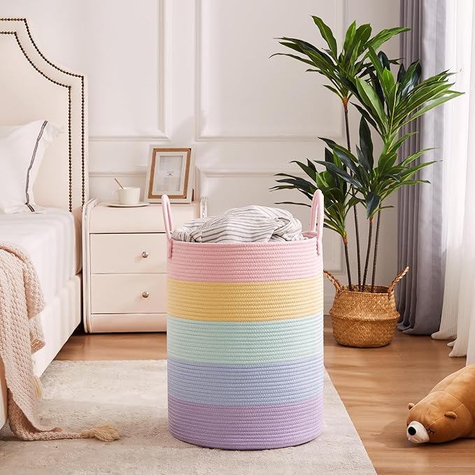 15Dx20H inches Baby Girls Kids Hamper Rainbow Laundry Basket for Nursery Clothes Pastel Unicorn Woven Hamper in Playroom Bedroom 60L Large Tall Blanket Basket