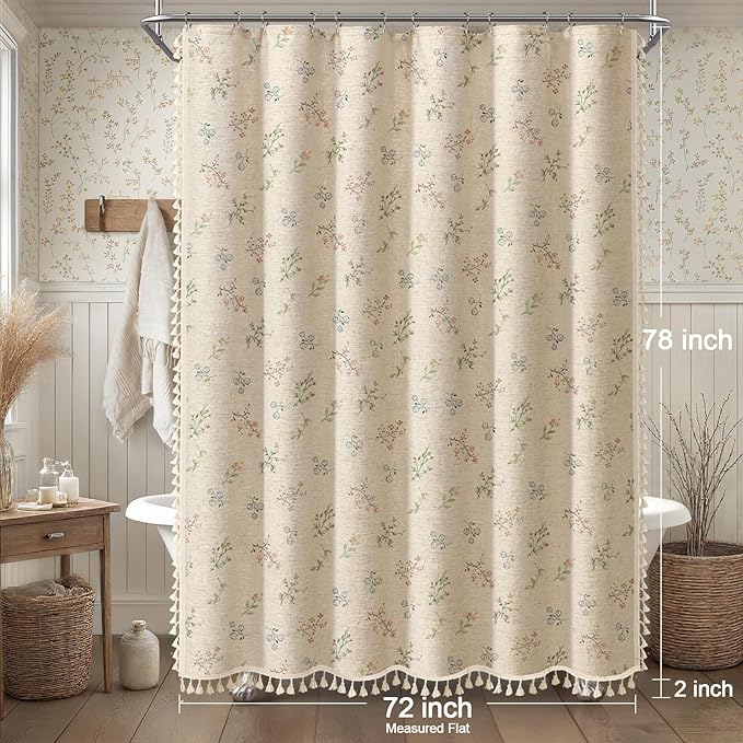 Floral Vintage Linen Shower Curtain, French Country Shower Curtains for Bathroom with Tassels, 72Wx78H