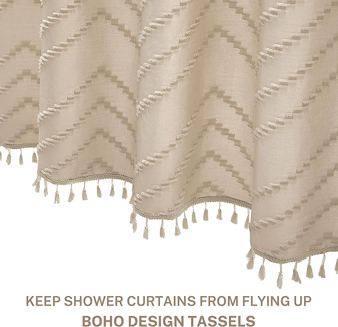 Extra Long Farmhouse Boho Chevron Shower Curtain, Woven Fabric 96 in Beige Shower Curtain, 72 x 96, Tufted Striped, Modern Chic Textured Shower Curtain Set Minimalist Bathroom Decor