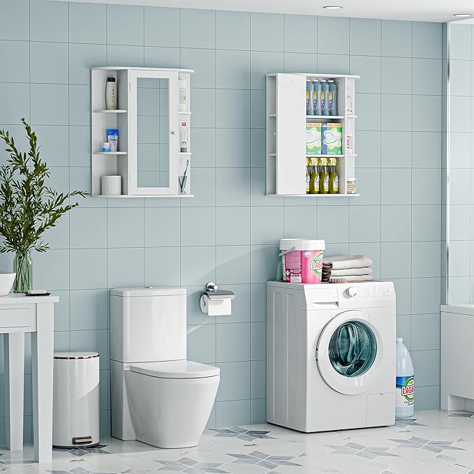 SUPER DEAL Bathroom Mirror Medicine Cabinet with Storage, Wall Mount Cabinet with Mirror Door, Inner Adjustable Shelves, 6 Open Shelves, White
