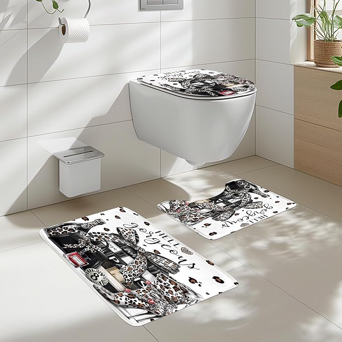 Cinbloo 4Pcs White Black Leopard Shower Curtain Set,Cheetah Fashion Luxury Magazine Books Perfume High Heels Bathroom Curtain with Rug, Toilet Lid Cover, Bath Mat,Girls Shower Curtain with 12 Hooks