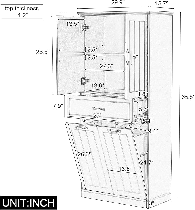 Virubi Tall Tilt Out Laundry Cabinet with 2 Tilt Out Laundry Hamper, Wood Bathroom Storage Cabinet with Doors,Drawers and Adjustable Shelves Freestanding (Black)