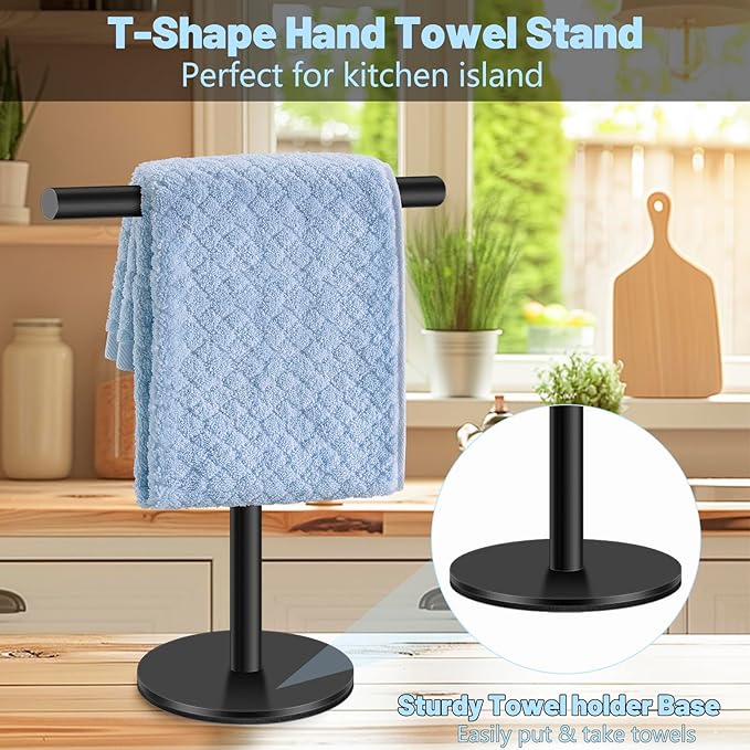 Elibbren Bath Hand Towel Holder Standing, Stainless Steel Matte Black Towel Bar Rack Stand for Bathroom and Kitchen Vanity Countertop, Modern Towel Holder，2 Pack