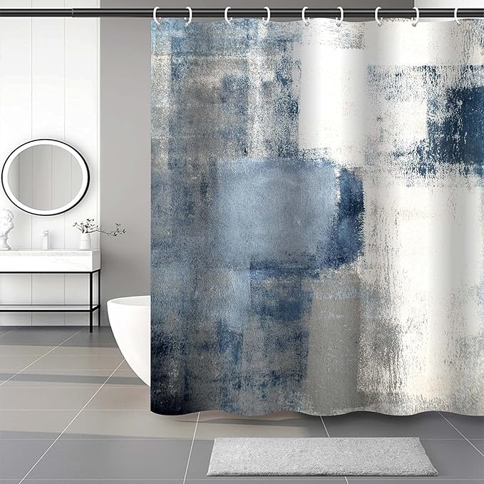 Lnond 4Pcs Grey Bathroom Shower Curtain Sets with Rugs, Blue and Grey Abstract Painting Gray Retro Bathroom Sets with Shower Curtain and Rugs and Accessories