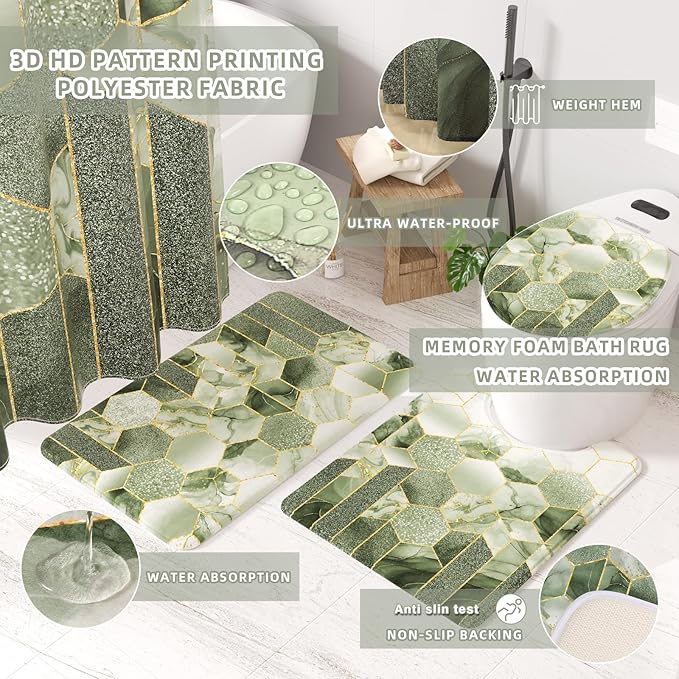 XLHOMO Bathroom Set - 26PC Bathroom Set with Shower Curtain and Rugs, Bathroom Accessory Set, Sage Green Bathroom Accessories Set, Trash Can & Soap Dispenser
