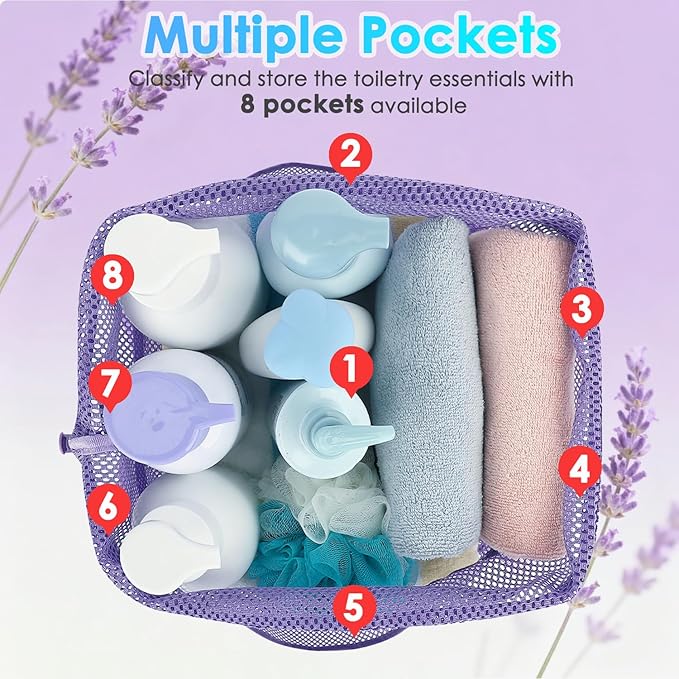 Fammart Mesh Shower Caddy Portable with Drawstring, Dorm Room Essentials for College Girls Guys, 8-Pocket Large Shower Bag Basket Tote for Camping Beach Gym Travel Toiletry Bathroom