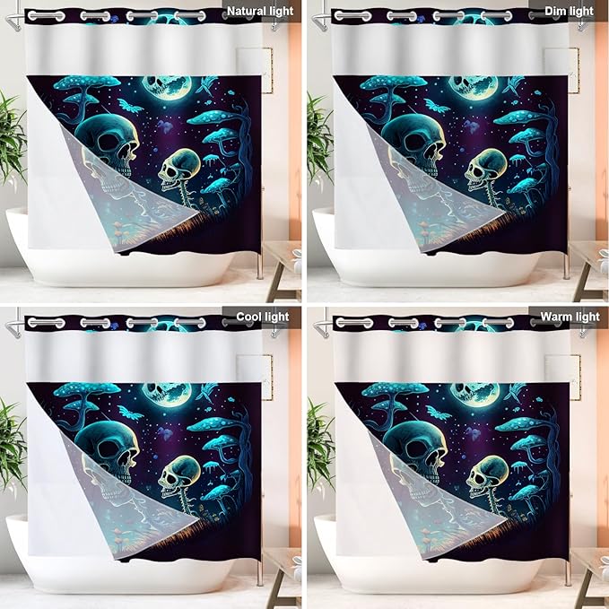 Shrahala Happy Halloween Funny No Hooks Shower Curtain with Snap in Liner Set, Skeletons Grass Mushrooms Starry Sky Bathroom Décor Polyester Fiber Waterproof for Stall Bathtubs 71 x 74 in