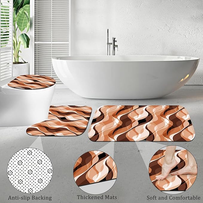 4PCS Orange Abstract Shower Curtain Sets with Rugs, Striped Bathroom Sets with Shower Curtain and Rugs, Modern Bathroom Curtains Shower Set with Toilet Lid Cover for Luxury Bathroom Decor