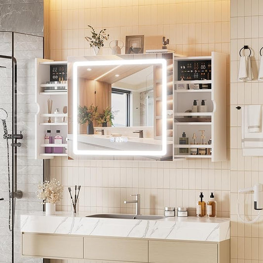 Led Lighted Bathroom Mirror Anti Fog Medicine Cabinet,Sliding Wall Mounted Bathroom Storage Cabinet,Medicine Cabinet with Storage and 3 Lighting Modes,White(Anti-Fog Mirror Cabinet with Light)