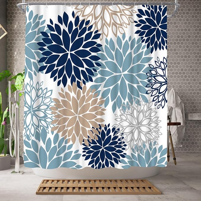 WELMECO Blue Shower Curtain Dahlia Flower Print Polyester Shower Curtain Bathroom Decor, 72x72inch (deep Blue,tan,Grey,White)