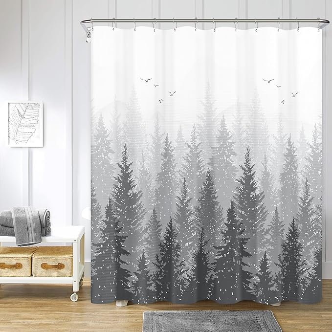 Hokibero Mountain Grey and White Shower Curtain Misty Forest Shower Curtain Nature Tree Plant Waffle Fabric Curtains for Bathroom Water Repellent Silver Gray, 72 x 72 inch