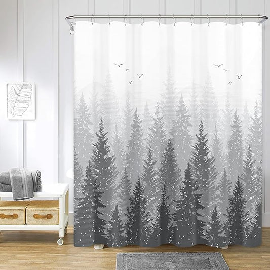 Hokibero Mountain Grey and White Shower Curtain Misty Forest Shower Curtain Nature Tree Plant Waffle Fabric Curtains for Bathroom Water Repellent Silver Gray, 72 x 72 inch