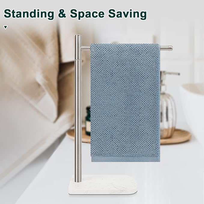 Hand Towel Holder, L-Shape Hand Towel Stand with Marble Base, Stainless Steel Swivel Hand Towel Rack Bar Standing for Bathroom Kitchen Countertop, 1 Arm (Brushed Nickel)