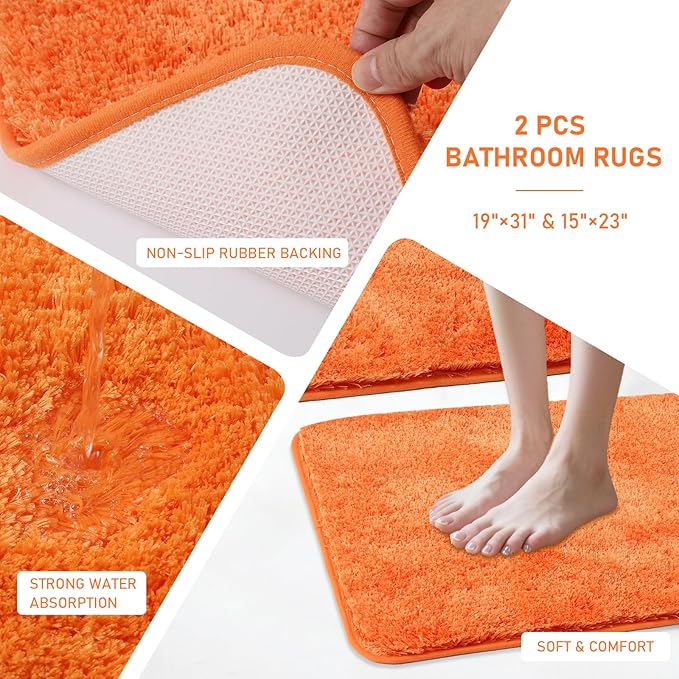 XLHOMO 11PCS Bathroom Sets with Shower Curtain and Rugs Bathroom Accessories Set Orange Bathroom Set,Soap Dispenser & Toilet Brush Holder Set with Stainless Steel Trash Can