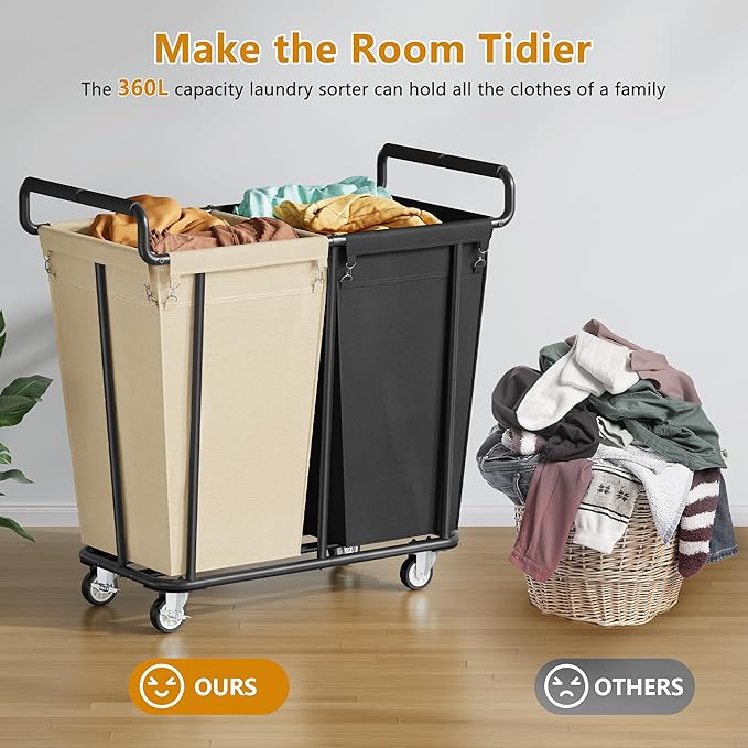 Gewudraw Large laundry hamper with Wheels, 2 Bag 360L Big Rolling Laundry Basket Sorter Cart, Extra Large Laundry Clothes Hamper, Heavy Duty Laundry Basket Organizer for Laundry Room,Bathroom