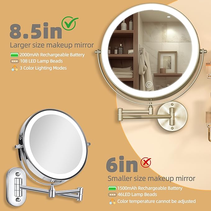 8.5" Wall Mounted Makeup Mirror with Light, 2000mAh Rechargeable Double Sided 1X / 10X Magnifying Vanity Mirror, 3 Color Lights Touch Dimmable 360° Rotation Bathroom Mirror, Nickel